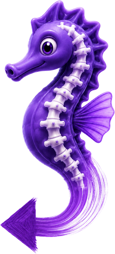 A seahorse whose bony spine shows through its body, its tail curled into an arrow.