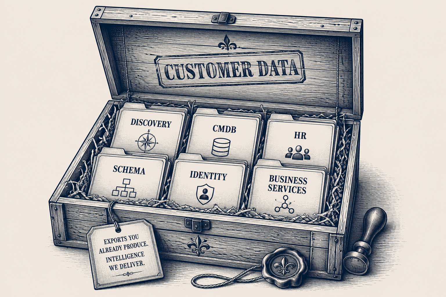 A strongbox of customer data: folders for discovery, existing CMDB, HR context, ServiceNow schema, identity, and business services — exports the customer already produces.
