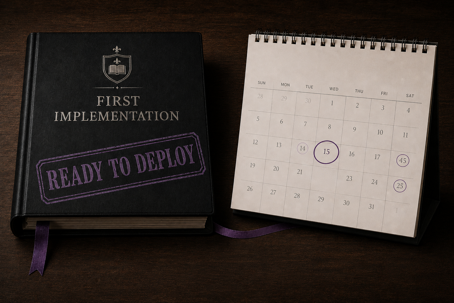 A 'First Implementation — Ready to Deploy' book beside a calendar with recurring review dates circled — the implementation ships, then governance runs on cadence.
